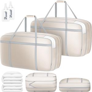 DIMJ Large Compression Comforter Storage Bag with Handls, 100L Washable Blanket Storage Packing Totes Moving Bags With Zipper, Space Saving Containers For Pillow, Clothes, Bedding, 2 PCS (Beige)