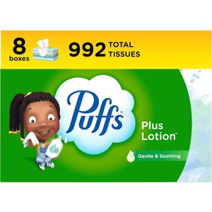 Puffs Plus Lotion Facial Tissues, 8 Family Boxes, 124 Facial Tissues per Box, Allergies and Colds