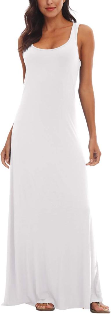 Urban CoCo Women's Scoop Neck Solid Sleeveless Summer Beach Tank Top Casual Maxi Dress (Large, White)