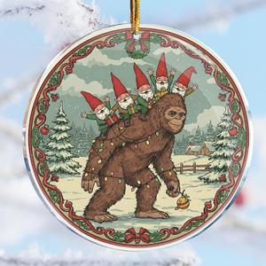 2 x Bigfoot Carrying Gnomes - Bigfoot Christmas Ornament Decorations - Sasquatch Christmas Ornament - Gnomes Christmas Ornaments - Gnomes Christmas Decorations - 3.6 in Acrylic - Funny Gag Gifts