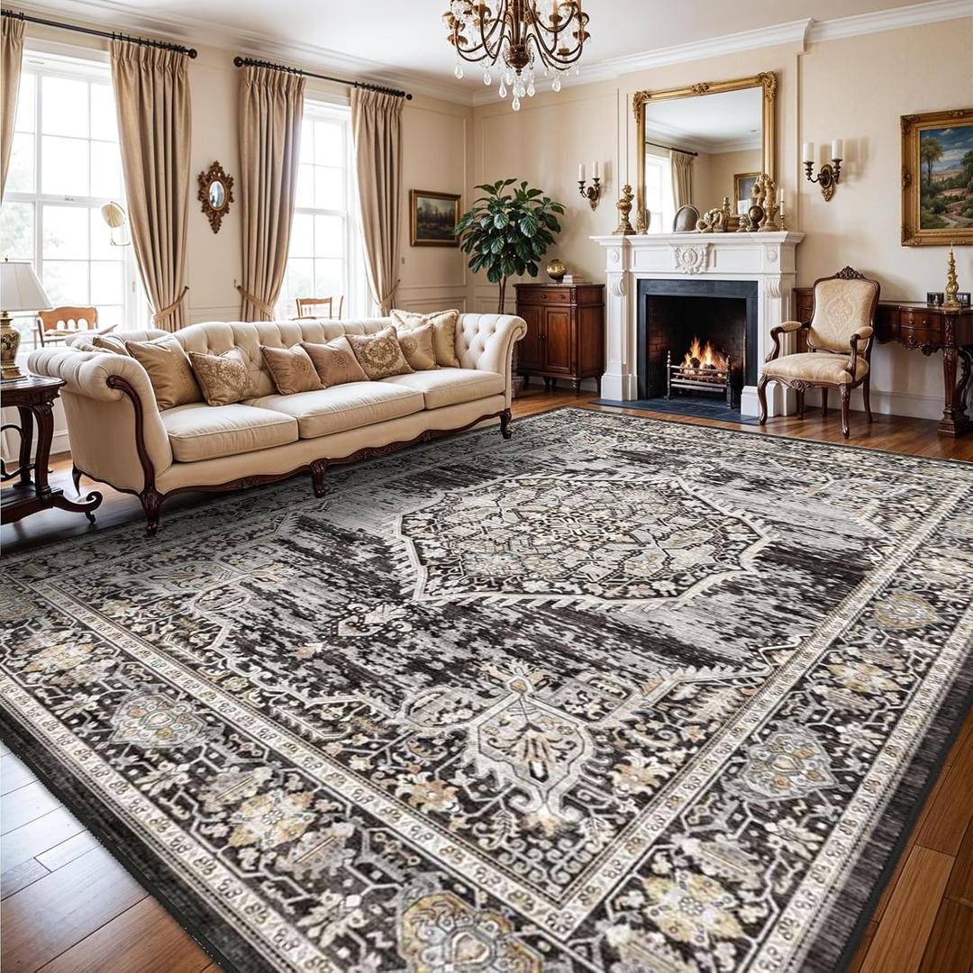 Washable Rugs 10x14 Area Rug: Large Rugs for Living Room - Oriential Distressed Printed Floral Carpet - Non Slip with Rubber Backing Area Rug 10'x14' Black