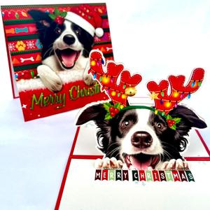 Border Collie Christmas Pop-Up Card 3D Holiday Greeting Card Featuring Adorable Border Collie Dog with Festive Reindeer Antlers, Perfect for Dog Lovers, Unique Card for Friends and Family
