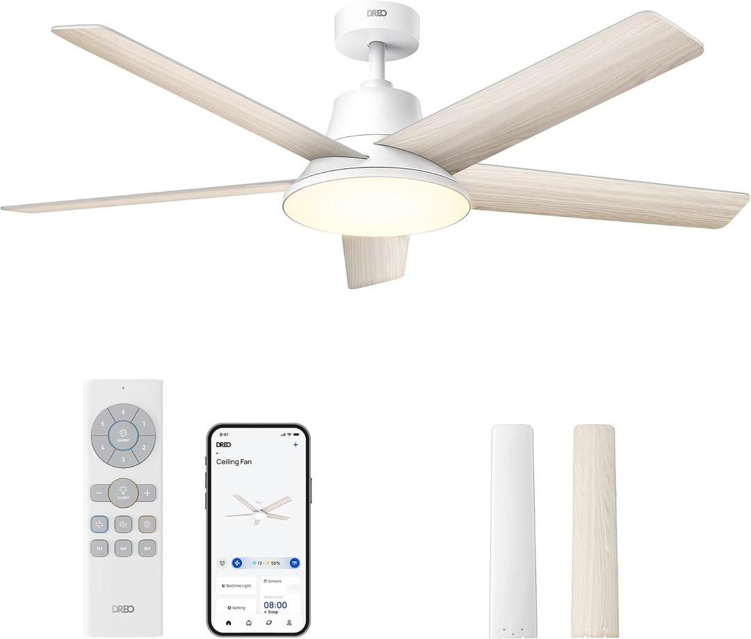 Dreo Smart Ceiling Fan with Lights, 52 Inch, 12 Speeds & 3 Fan Modes, Stepless Color Tones, Dimmable LED Light, 12H Timer, Quiet DC Motor, Remote/APP/Alexa Control, White Ceiling Fans Indoor