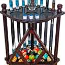 Pool Cue Rack Hold up to 8 Sticks & Billiard Accessories. Floor Stand Pool Cue Stick Holder Made of 100% Solid Hardwood.(Traditional Mahogany)