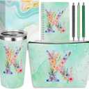 Personalized Gifts Monogrammed Birthday Gifts for Women, Soul Sister Bachelorette Party Wedding Christmas Initial 20 oz Tumbler, Makeup Bag Cup Pens Journal Notebook 6 Set, (Aesthetic Green Flower K)