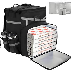 ZAVOOS Food Delivery Backpack, Expandable Insulated Pizza Bag with 4 Cup Holders, Large Waterproof Catering Bag with Reflective Strip Support Boards for Delivery Bike, Doordash
