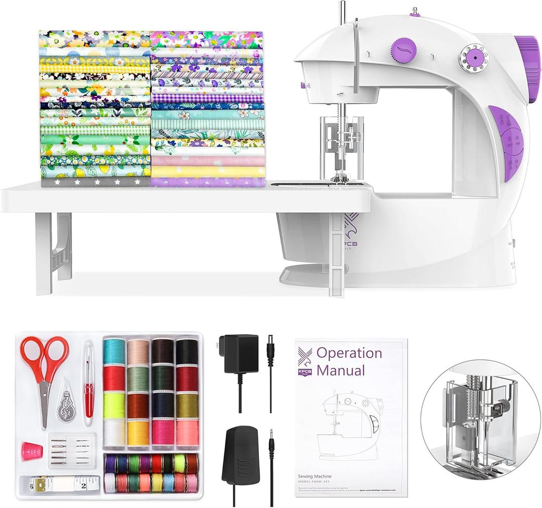 KPCB Tech Sewing Machine for Beginners [Full Set] with Finger Guard and Fabric Bundles - Mini Sewing Machine with Sewing Kits, Foot Pedal, US Adapter and Extension Table (White)