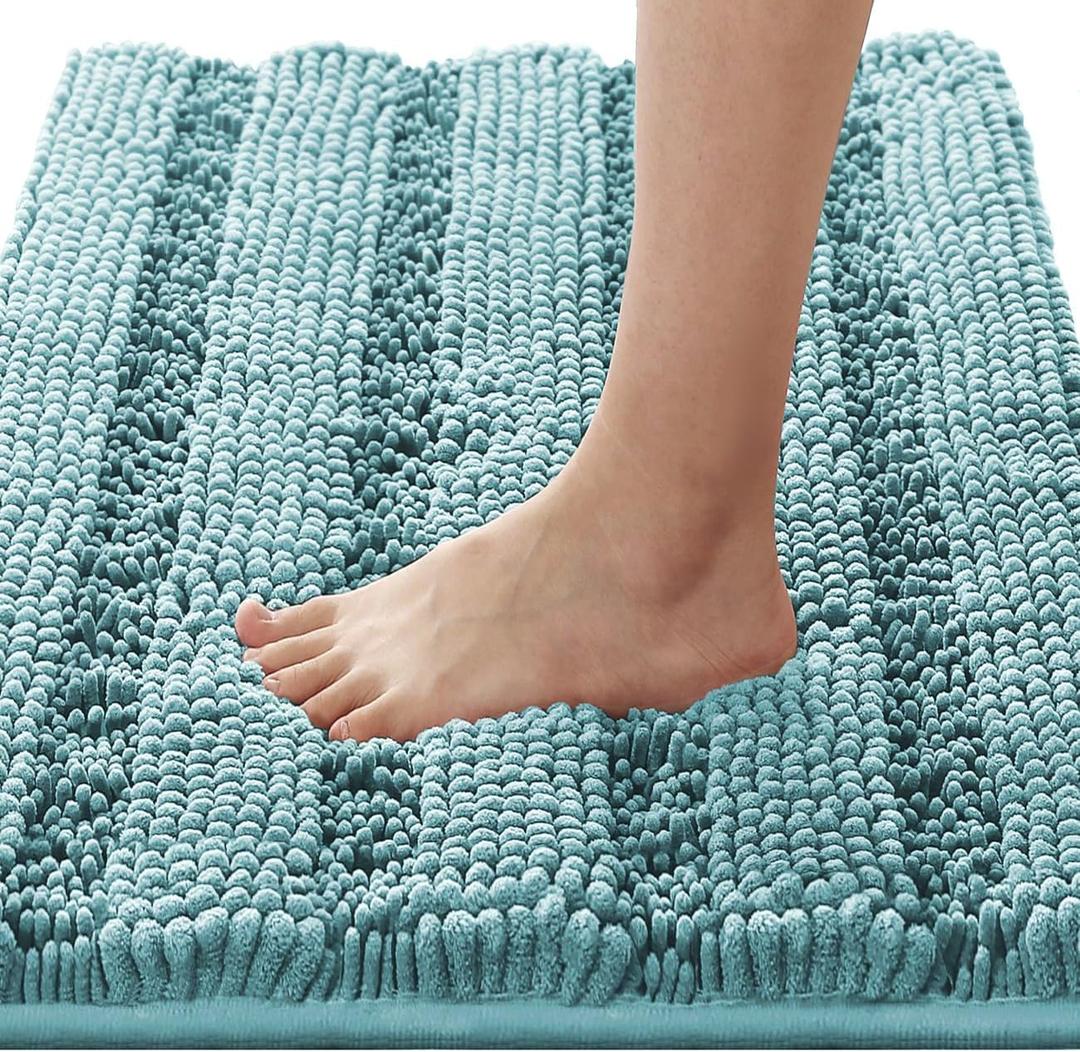 H.VERSAILTEX Bathroom Rugs Bath Rugs for Bathroom Non Slip Bath Mats Extra Thick Chenille Striped Rug 17" x 24" Absorbent Soft Shaggy Washable Dry Fast Bath Mats for Bath Room Floor - Aqua Haze