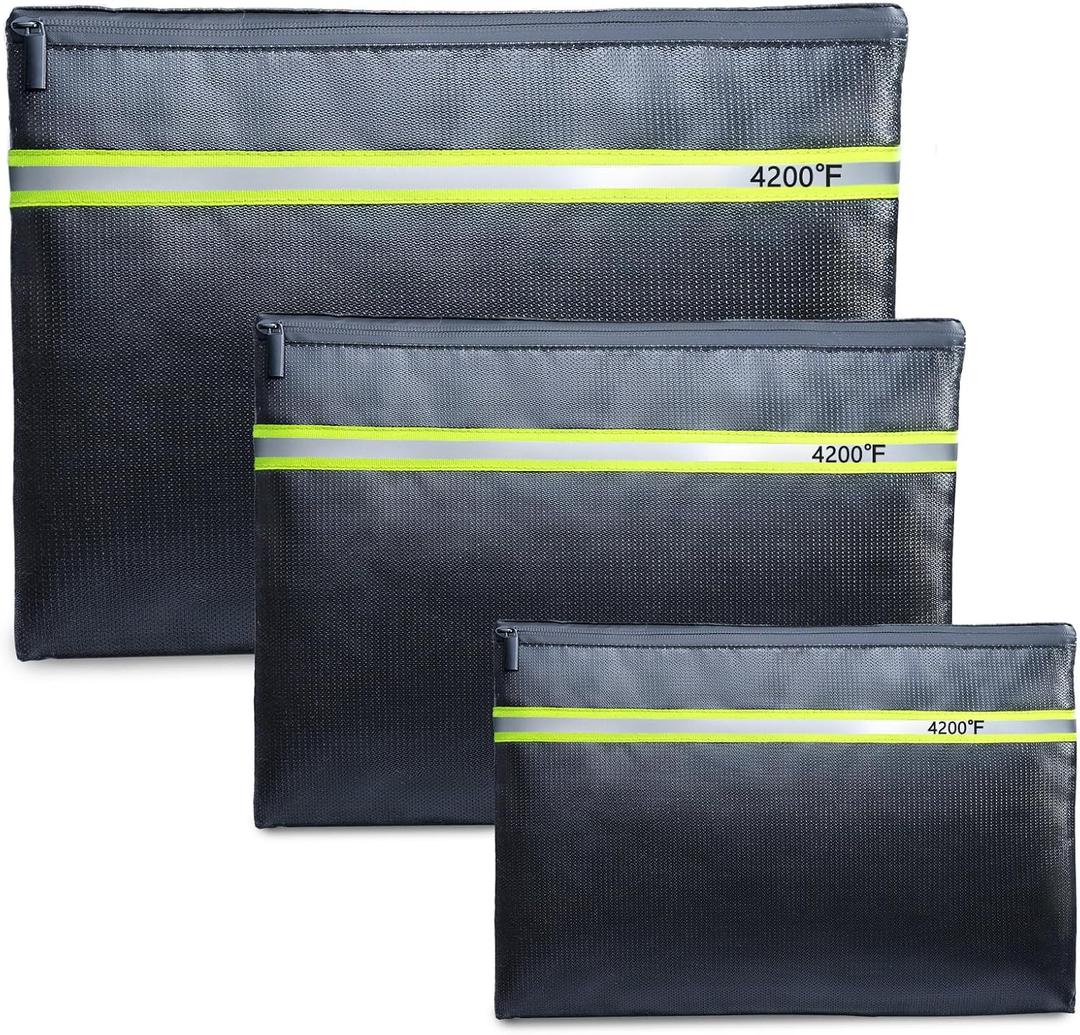 Fireproof Document Bag  3 Pack (15" x 11", 13" x 9.7", 10.5" x 8") Fireproof & Water- proof Document Organizer | Document Holder with Zipper Secure for Cash, Passports, Check& More (Black)