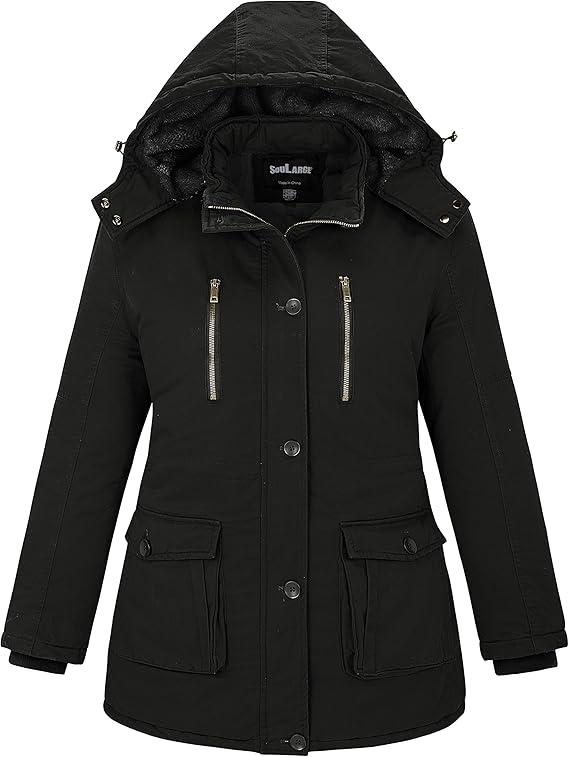 Soularge Women's Winter Plus Size Padded Fleece Parka Coat with Hood (Black, 2X)