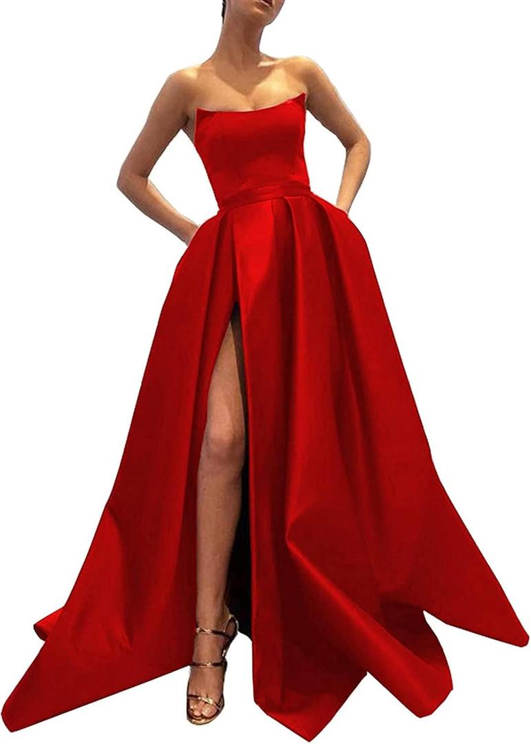 MllesReve Womens Long Strapless Satin Prom Dress Sleeveless Slit Evening Ball Gown with Pockets (6, Red) MllesReve Womens Long Strapless Satin Prom Dress Sleeveless Slit Evening Ball Gown with Pockets (6, Red)