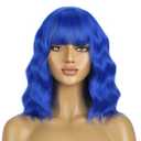 BERON 14 Inches Dark Blue Wig Short Curly Wig Women Synthetic Wigs Blue Wigs with Bangs Hairnet Included
