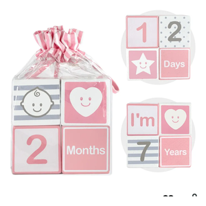 I'm Solid Wood Monthly Weekly Yearly Milestone Age Blocks, Newborn Gifts & Keepsakes for Picture Props (4 Pcs/Pink)