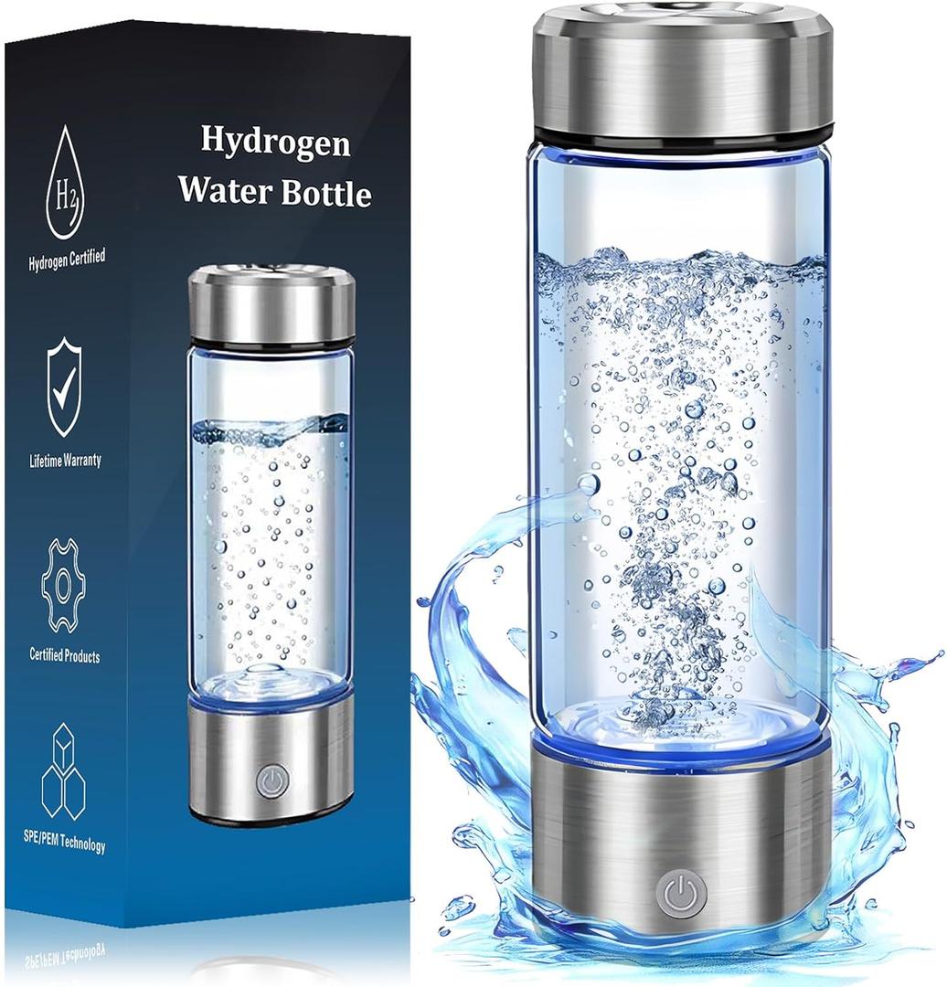 Hydrogen Water Bottle Generator - Portable Hydrogen Water Ionizer Machine SPE PEM Tech, Rechargeable Hydrogen Rich Water Glass Bottle for Home Gym Office and Travel Hydrogen Bottle (Silver)