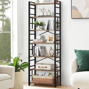 HOMBAZAAR 7 Tier Bookshelf,84 inch Tall Industrial Bookcase with Metal Frame and Open Shelves,Rustic Heavy Duty 7 Shelf Bookcase, Office Book Shelves for Living Room and Bedroom,Brown, 7 Tier -11.8"D x 23.6"W x 83.8"H