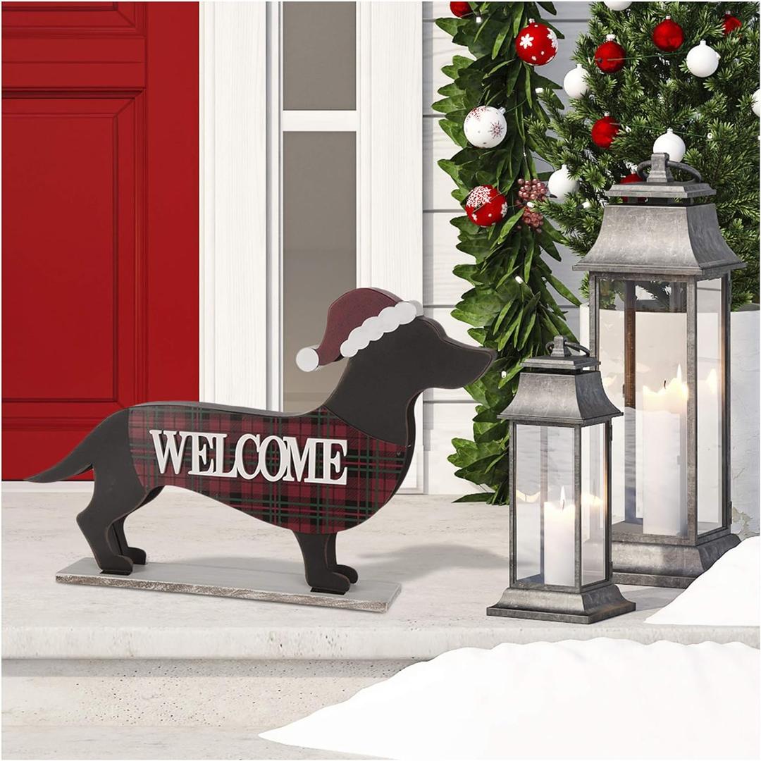 Glitzhome 21.93" L Wooden Metal Dachshund Standing Front Door Porch Sign Christmas Welcome Sign Outdoor Indoor Welcome Joy Sign Xmas Holiday Decorations