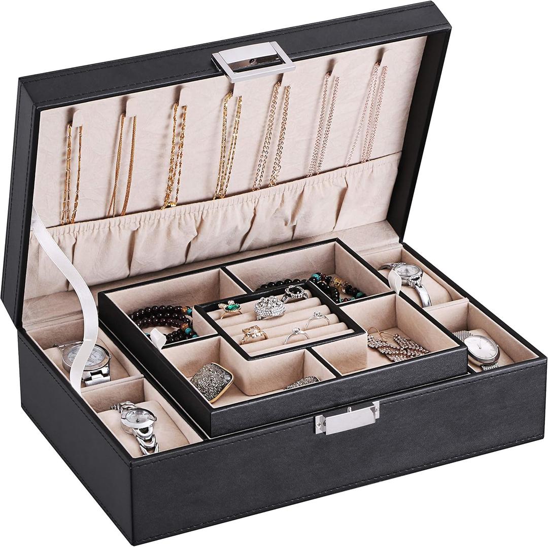 BEWISHOME Mens Jewelry Box, Jewelry Organizer with 4 Watch Case Removable Tray, Jewelry Storage Case for Necklace, Earring Ring Bracelet, PU Leather, Velvet Lining Black SSH07B BEWISHOME Mens Jewelry Box, Jewelry Organizer with 4 Watch Case Removable Tray, Jewelry Storage Case for Necklace, Earring Ring Bracelet, PU Leather, Velvet Lining Black SSH07B