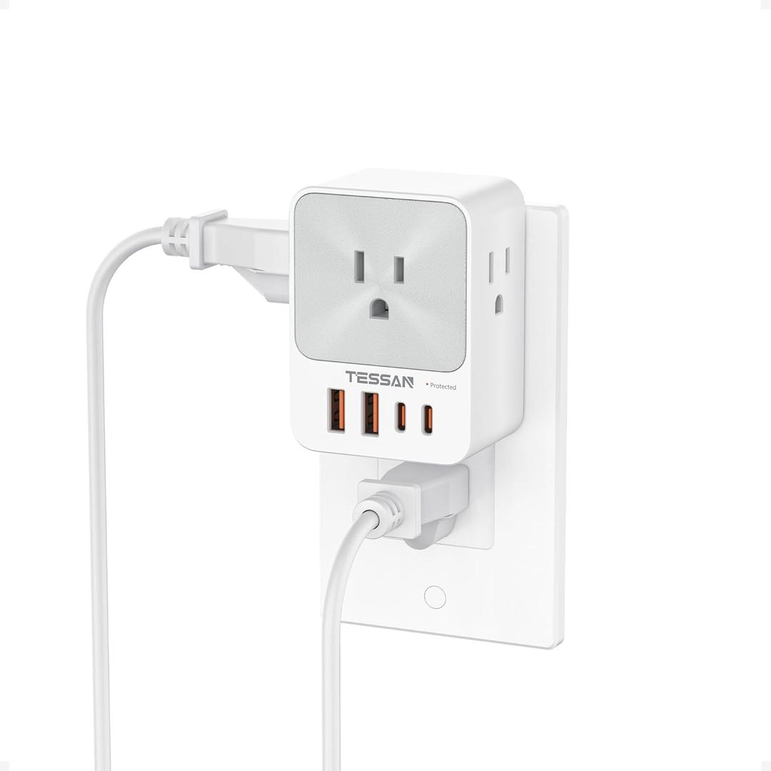USB C Charger Block 20W PD, TESSAN 4 USB Wall Charger Fast Charging with 3 Outlet Extender Surge Protector, 3 Side Multi Port Adapter, Electric Multiple Outlet Plug for Home Office Dorm Room (Grey)