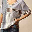 SOLY HUX Women's Striped Print T Shirts Vintage V Neck Short Sleeve Summer Tee Tops with Pocket (S)