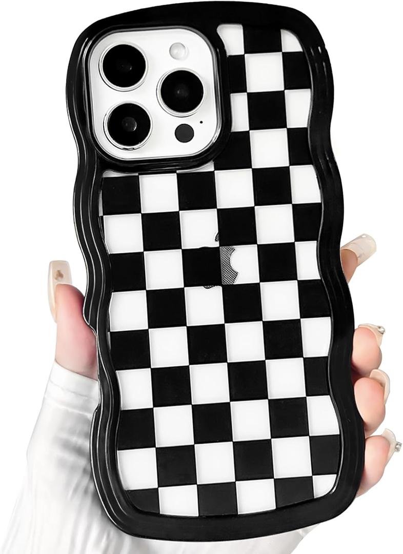 NITITOP Compatible with iPhone 16 Pro Case Cute Clear Curly Wavy Frame Shape Aesthetic Checkerboard Checkered Pattern for Women Girls Shockproof Soft TPU 2 in 1 Protective Phone Cover - Black