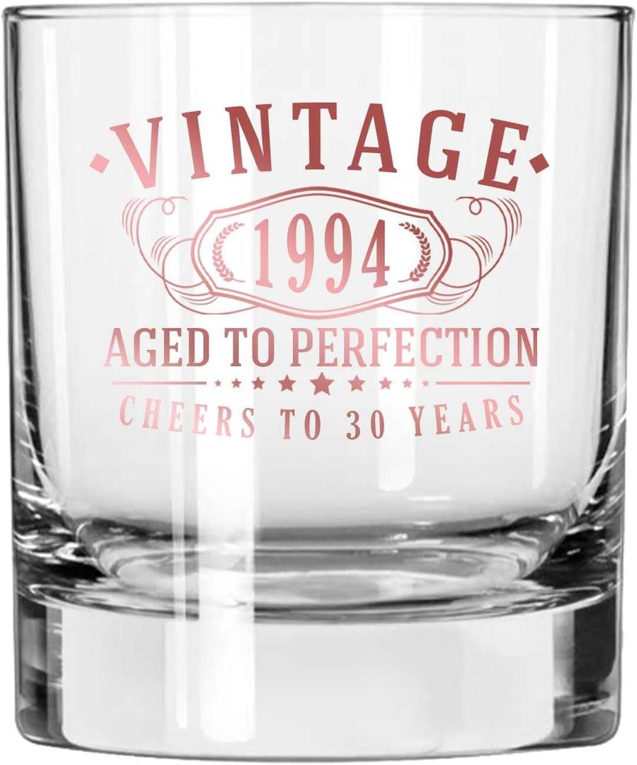 Vintage 1994 Printed Rose Gold 11oz Whiskey Rocks Glass  Happy 30th Birthday Gift for Men, Cheers to 30 Years, Turning 30 Decorations Decor, Anniversary Bday Party Favors Supplies, Gift Ideas Him 1.0