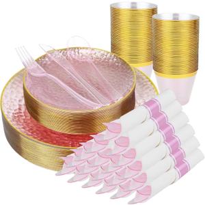 175PCS Pink Hammered Plastic Dinnerware Set for 25 Guests