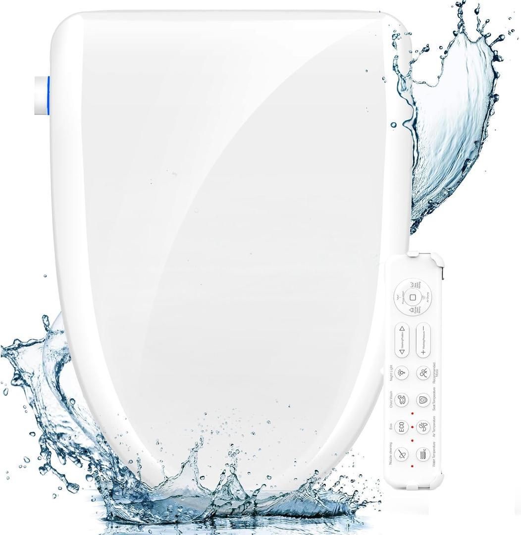 FVZ Bidet Toilet Seat Elongated Smart Heated Toilet Seat with Warm Water & Dryer, Feminine & Child Wash, Self-Clean Stainless Steel Nozzle, Adjustable Water Pressure, Slow Close Lid