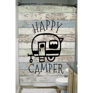 Happy Campers Shower Curtain Retro Rustic Wood Neutral Color For Travel Trailer Camping Motor RV Bathroom Stall Shower Curtain Set, Small Size Waterproof Fabric Shower Cutain, Hooks Include 47x64