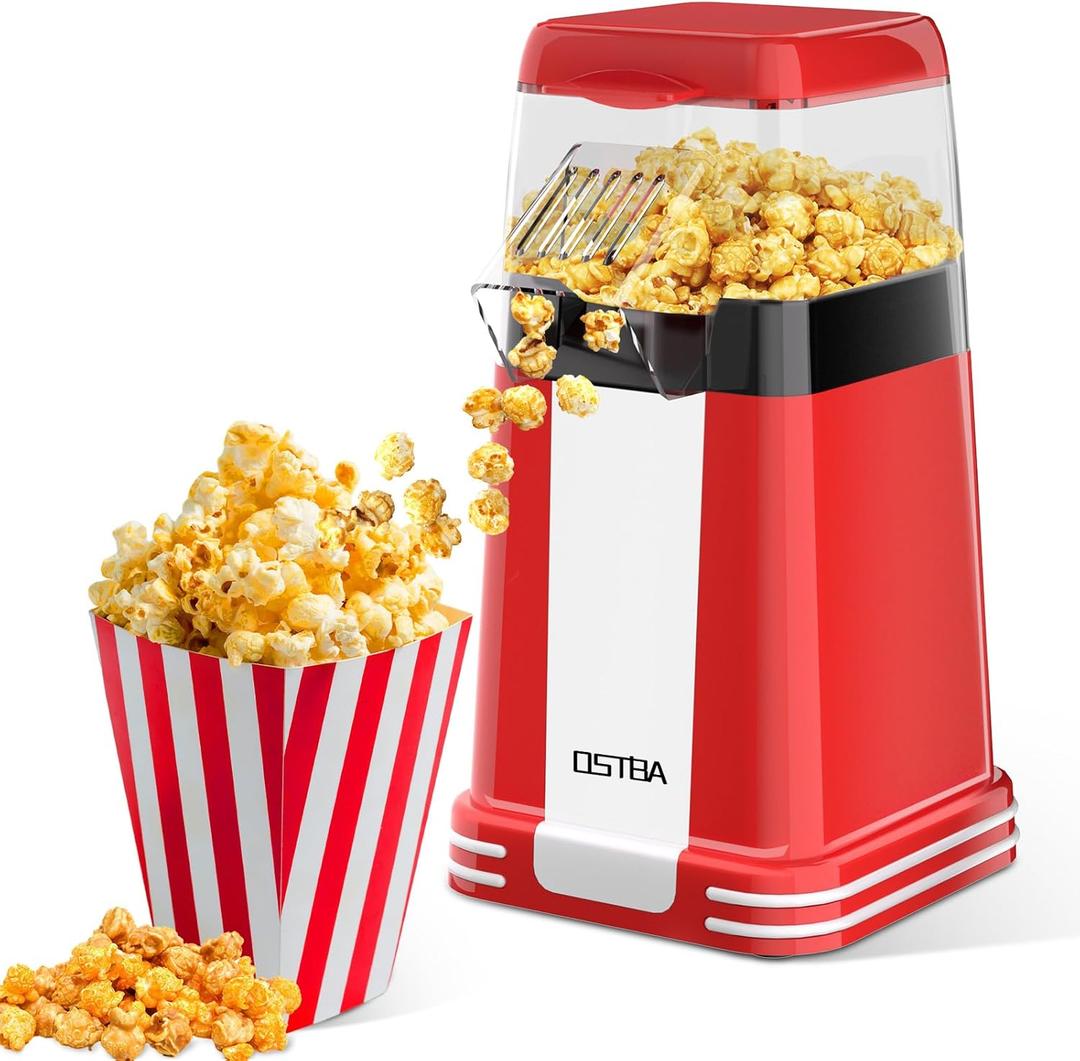 OSTBA Popcorn Maker, 1200W Mini Retro Air Popper Popcorn Machine, 12 Cups Hot Air Popcorn Popper Electric with Butter Tray, Oil-Free One-Button Control, Compact Design for Home & Gifts