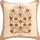 ISAENNE Design Linen Square Vintage Throw Pillow Covers 18"x18", Brick Red Cushion Covers with Orange Floral Green Leaves Pattern Decoration Pillowcases for Bed,Living Room,Outdoor,Car