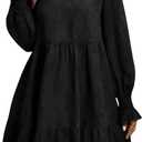 MakeMeChic Women's Ruffle Smock Dress Long Sleeve Mock Neck Shirred Frill Trim Short Dresses (Medium)