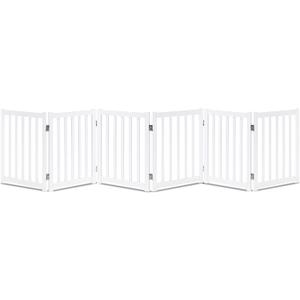 LZRS 6-Panel Extra-Wide Freestanding Wooden Dog Gate Indoor 24High Foldable Safety Pet Barrier for Doorways, Hallways, Kitchens, and Long Staircases, Durable Design fit Small to Medium Dogs, White