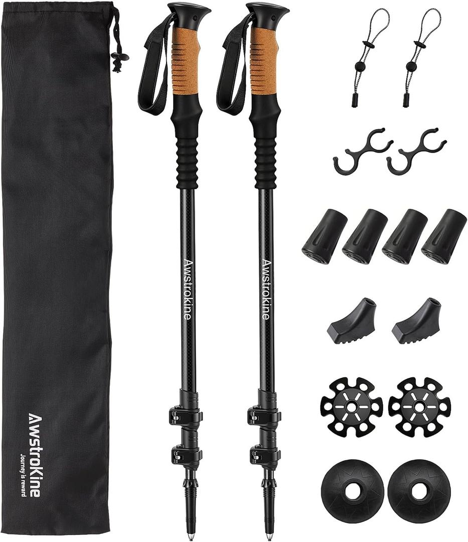 100% Carbon Fiber Hiking Trekking Poles - Ultra Strong Carbon Hiking Sticks with Cork Grips & Quick Flip Locks, 2 Pcs Lightweight Hiking Poles & All-Terrain Accessories for Women & Men, Senior
