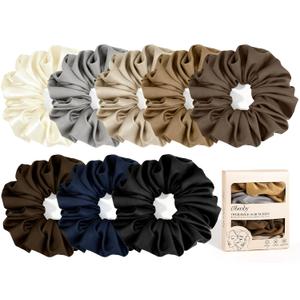 Large Satin Scrunchies, 8 Pack Sleepy Hair Tie Oversized 6inch Satin Scrunchies for Thick Hair Women Girl (Brown)