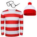 Adult Men Red and White Striped Tee Shirt Glasses Hat Outfit Suit Set Halloween Cosplay Costume Party Props (Large, Adult Men)
