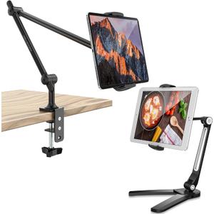 AboveTEK Tablet Stand Holder, Aluminum iPad Holder for Desk & Bed Bundle with 3 in 1 Highflex 360 Under Cabinet iPads Mount for Kitchen