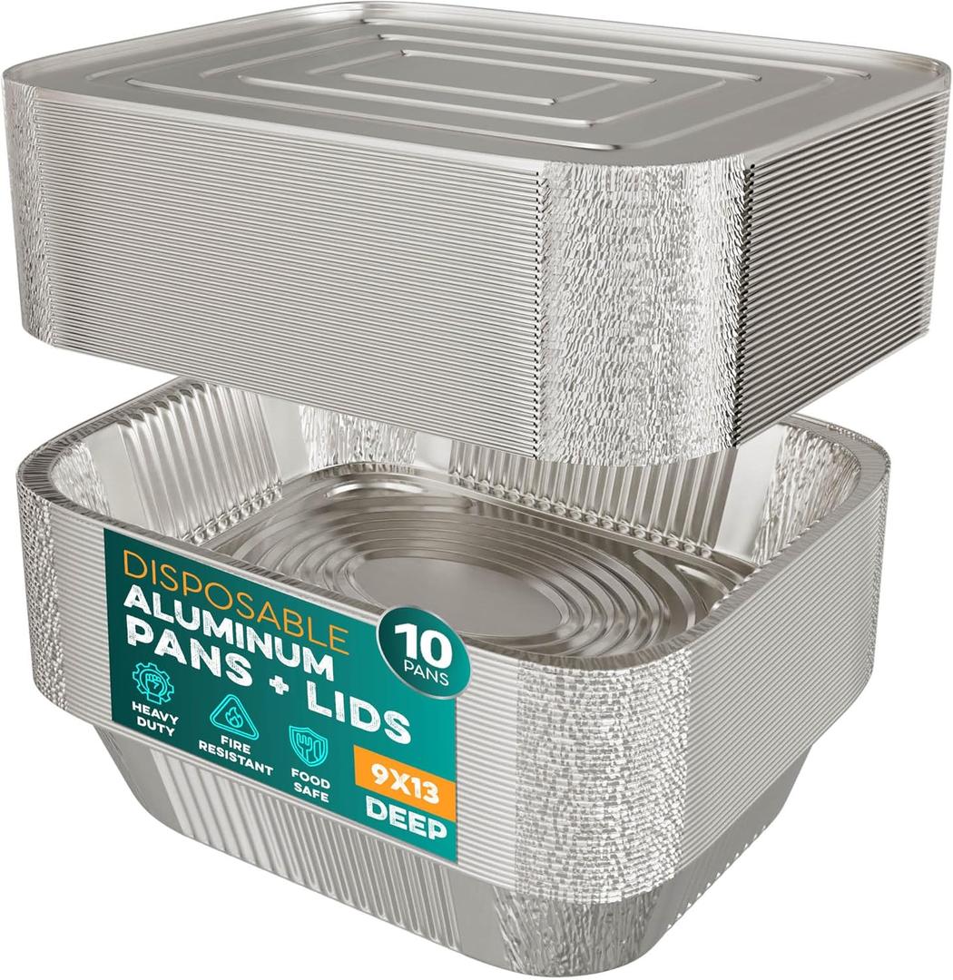 Aluminum Pans With Lids 9x13 [10 Sets] Aluminum Foil Pans Trays With Lids - Half Size Tin Foil Disposable Pans For Baking, Roasting, Cake Serving Dishes, Catering Supplies, Steam Table Chafing