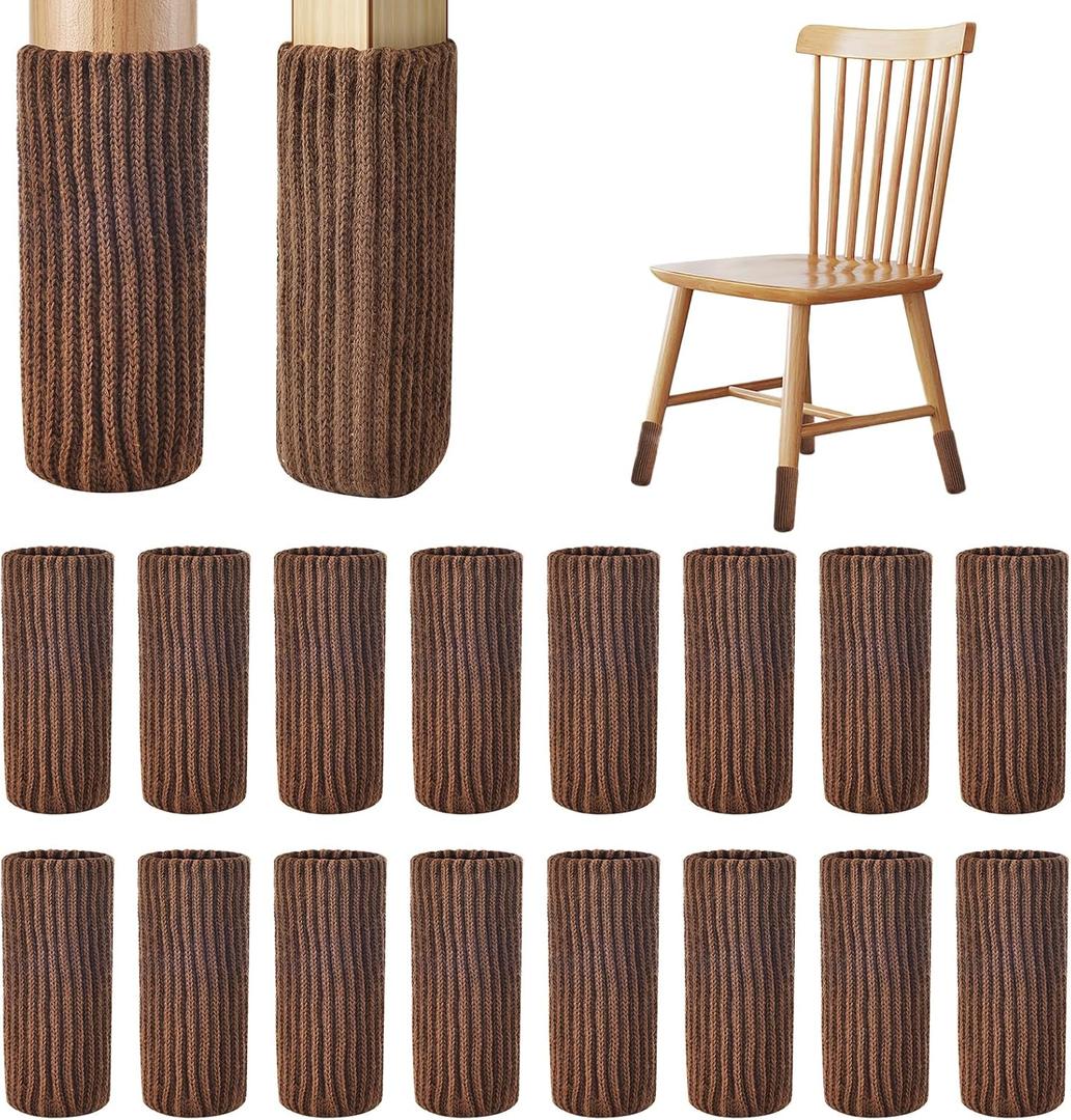 16 PCS Brown Furniture Leg Socks - Knitted Chair Leg Floor Protectors for Hardwood Floors - Fits Round and Square Legs - High Elastic Bar Stool Chair Leg Covers Furniture Caps Set for All Shapes