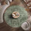6ft Round Washable Area Rugs for Living Room, Vintage Boho Large Rug for Bedroom Dining Room Office, Distressed Floral Print Carpet for Under Table, Soft Non Slip Low Pile Throw Indoor Mat, Green
