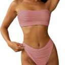 ZAFUL Women Strapless Textured Bandeau Bikini 2 Piece Swimwear Cheeky Solid Lace up Bathing Suits (Small, Pink Wave)