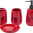 Bathroom accesory Set, Ceramic, 4pc,Toothbrush Holder soap Dispenser soap Dish Tumble Cup for Bathroom Decor and Gift (Navy) (RED)
