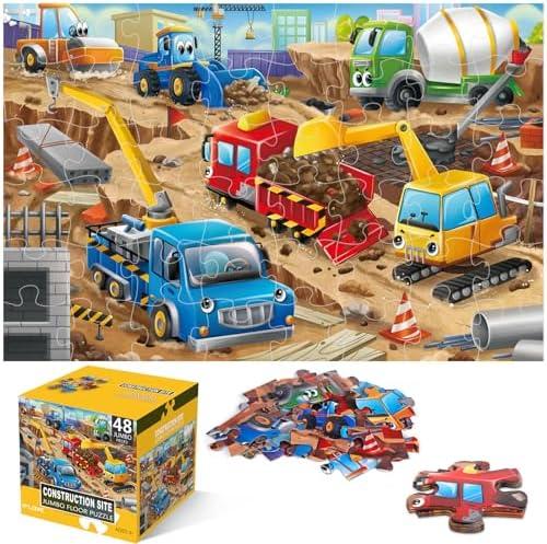Jumbo Floor Puzzle for Kids,Construction Site Jigsaw Large Puzzles,48 Piece Construction Vehicle Puzzle for Toddler Ages 3-5,Children Learning Preschool Educational Toys,Gift for 4-8 Years Old