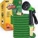 Flexi Hose with 8 Function Nozzle, 25FT - Lightweight Expandable Garden Hose, No-Kink Flexibility, 3/4 Inch Solid Brass Fittings and Double Latex Core - Green