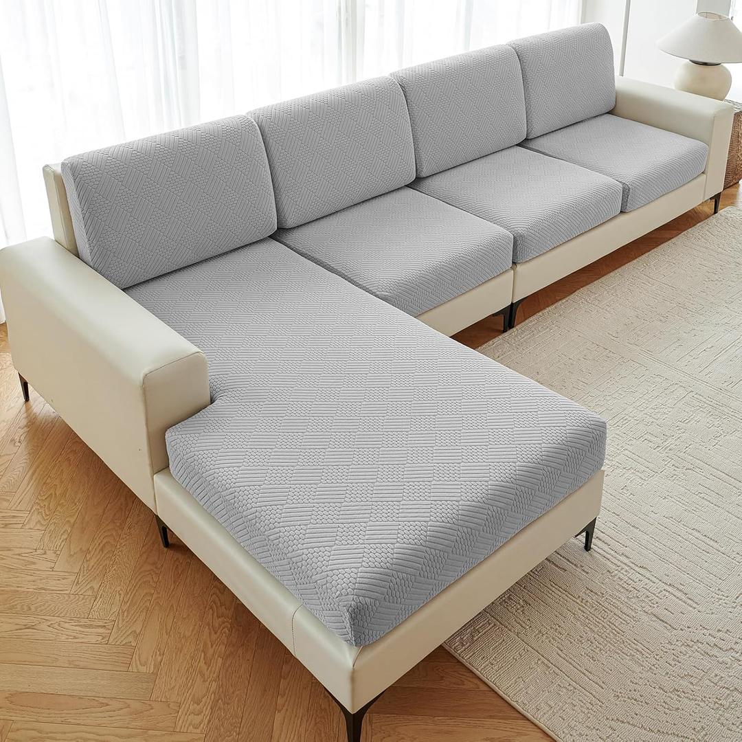 Deep Dream Sectional Couch Covers 8 Pieces, Stretch Couch Cushion Covers, L Shaped Washable Sofa Covers for Left/Right Sectional Sofa (4 Backrest Cover + 3 Seater + 1 Chaise, Light Grey)