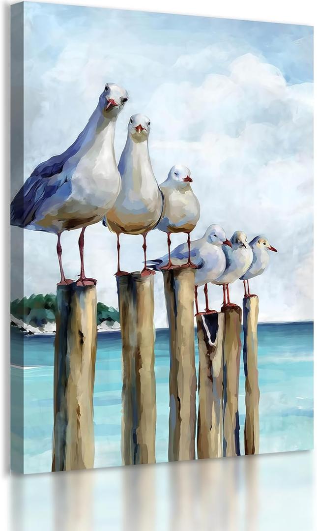 Seagull Bird Ocean Wall Art Canvas Art Print Framed Artwork Seaside Birds On Post Blue Beach Wood Frame Gallery Style Bedroom Living Room Home Decor Poster Art 1216 Inch