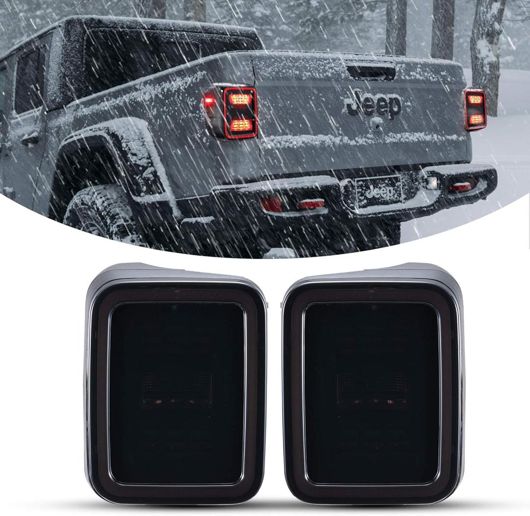 Kiwi Master Smoked LED Tail Lights for 2020-2026 Jeep Gladiator JT Accessories, Black Housing Smoke Lens Taillights, Brake/Reverse/Turn Signal Light, Pair (Model 1)