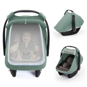 Blissful Diary Baby Car Seat Cover, Extra Large Mesh Window, Breathable Muslin Cotton, Infant Windproof Canopy, Must-Have Baby Gift - Roman Green