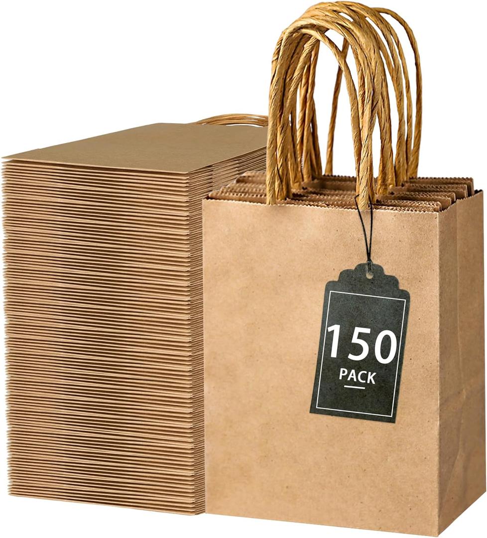 SPERPAND 150Pcs Small Gift Bags - 6.5" Brown Paper Bag Kraft Gift Bags for Birthday, Baby Shower, Christmas, Wedding, Party Favor Bag