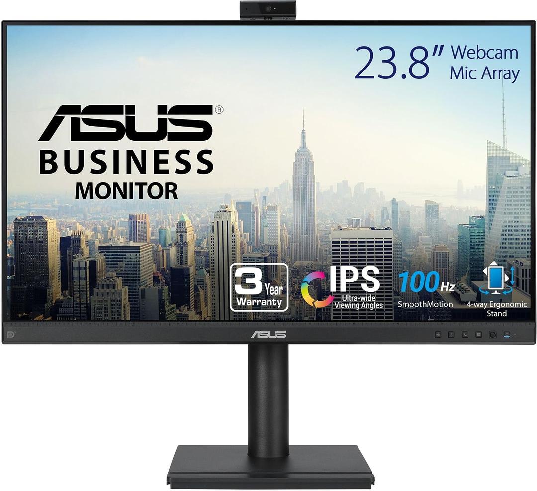 ASUS BE249QFK 24 Inch 1080P FHD Computer Monitor, Webcam, HDMI, DisplayPort
IPS, FHD 100Hz, Frameless, VGA, Mic Array, Speakers, Height Adjustable, Ergonomic, Eye Care, VESA Wall Mount, EPEAT Gold