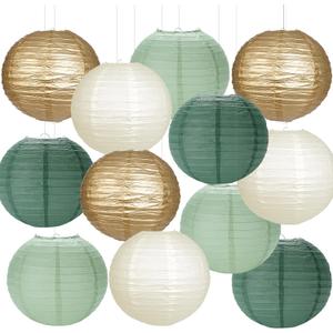 Paper Lanterns Sage Green Gold Round Hanging Chinese Lanterns for Birthday Party Baby Shower Bridal Shower Decorations Pack of 12